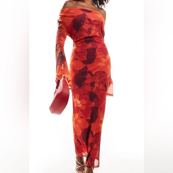 NWT ASOS design cowl mesh front maxi dress with flare sleeve in red floral - Picture 1 of 6
